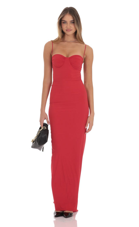 Lucy In The Sky Ruched Open Back Maxi Dress in Red