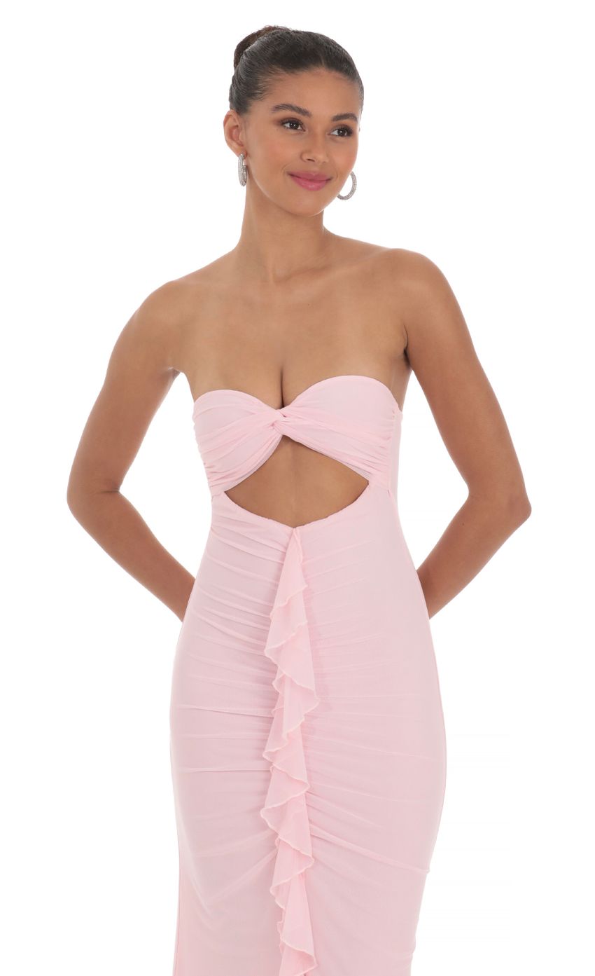 Lucy in the Sky Mesh Cutout Ruffle Maxi Dress in Pink