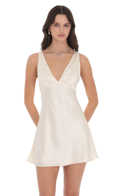 Lucy In The Sky Satin V-Neck Open back Dress in Cream