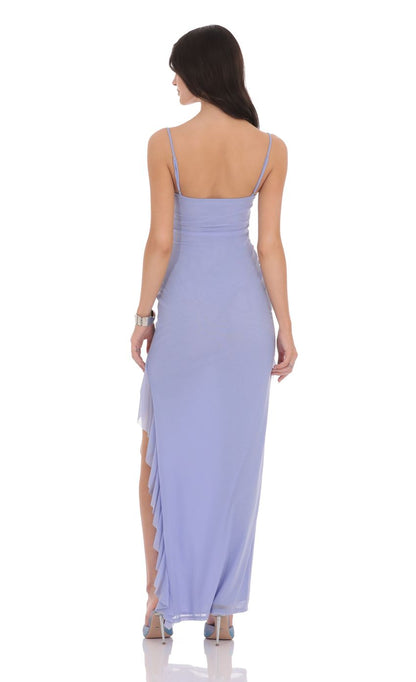 Lucy In The Sky Ruffle Mesh Square Neck Maxi Dress in Periwinkle