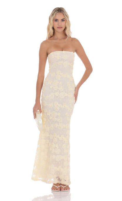 Lucy In The Sky Rosette Strapless Maxi Dress in Cream