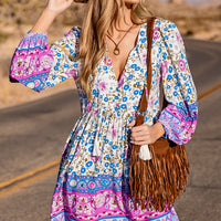 Cupshe Blue & Pink Floral Plunging Puff Sleeve Mini Dress