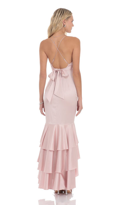 Lucy In The Sky Satin Ruffle Fishtail Maxi Dress in Pink