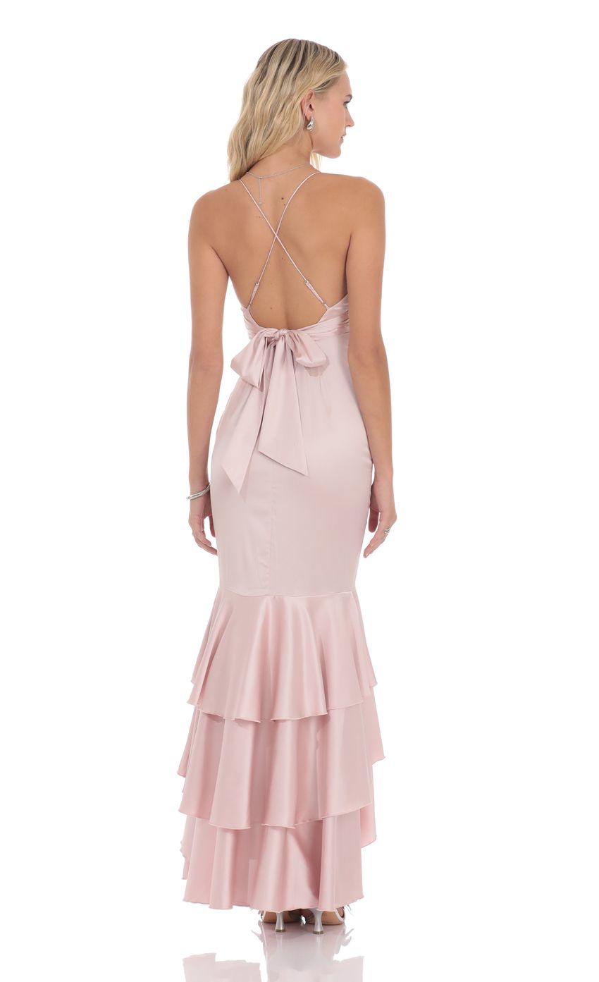 Lucy In The Sky Satin Ruffle Fishtail Maxi Dress in Pink