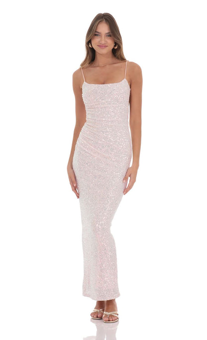 Lucy In The Sky Iridescent Sequin Bodycon Maxi Dress in Pink