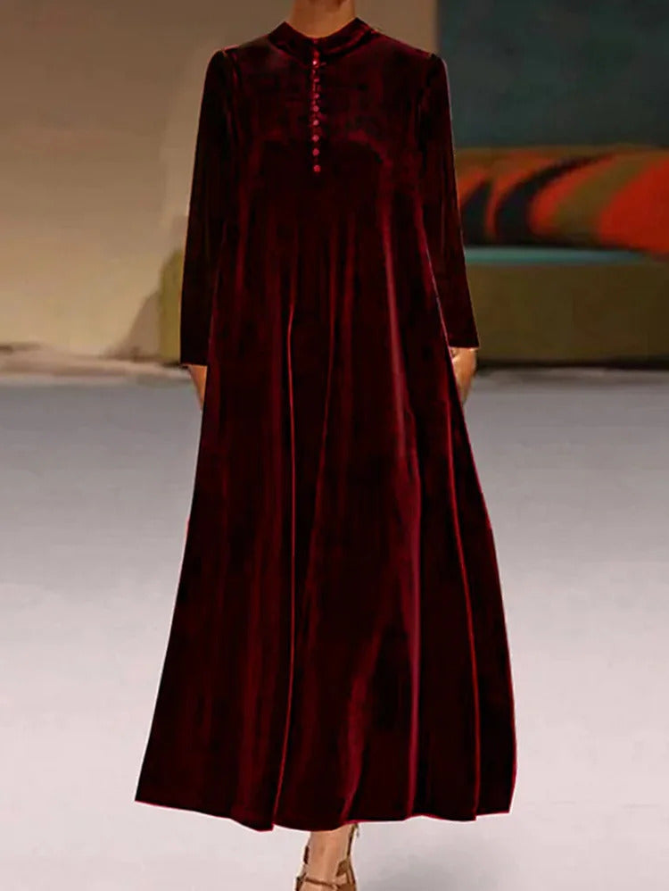 Ursime Elegant Half Buttons Long Sleeve Velvet Midi Dress