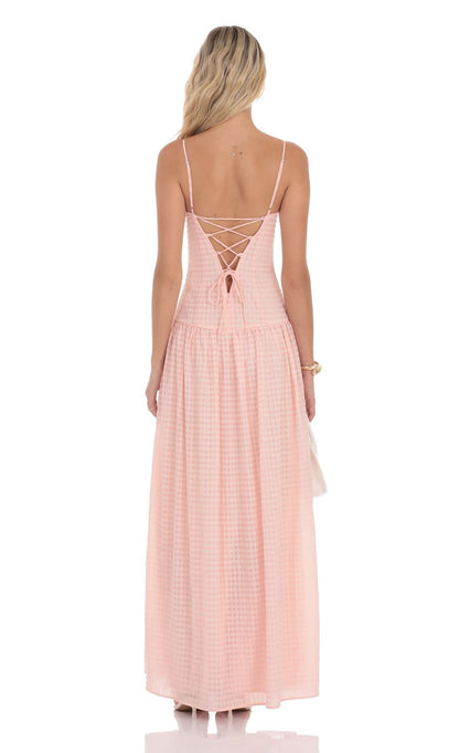 Lucy In The Sky Plaid Drop Waist Maxi Dress in Pink