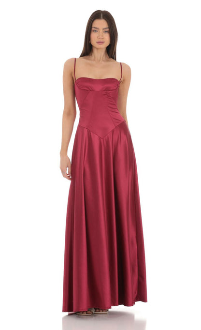Lucy in the Sky Satin Square Neck Maxi Dress in Maroon