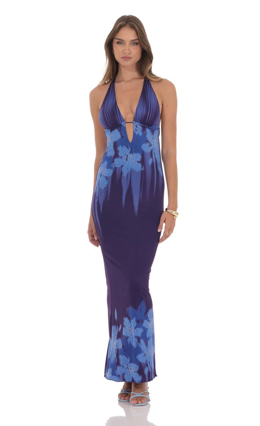 Lucy In The Sky Floral Rhinestone Maxi Dress in Purple