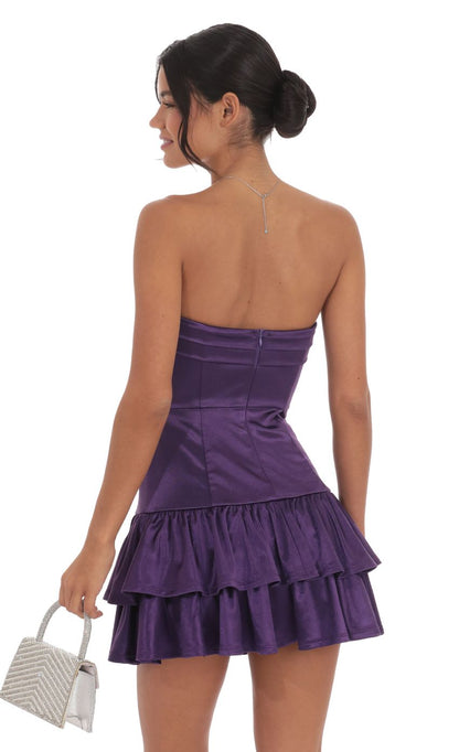 Lucy in the Sky Satin Strapless Ruffle Dress in Purple