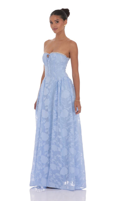 Lucy In The Sky Floral Lace-Up Maxi Dress in Light Blue