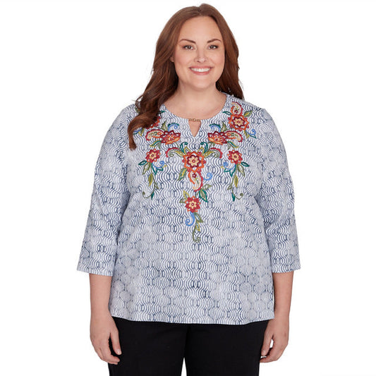 Alfred Dunner Women's Textured Floral Embroidered Split Neck Top