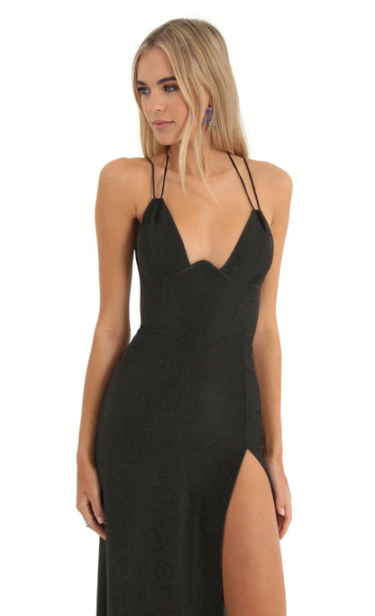 Lucy In The Sky Knit Corset Maxi Dress in Black