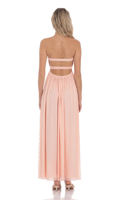 Lucy In The Sky Strapless Lace Cutout Dress in Peach