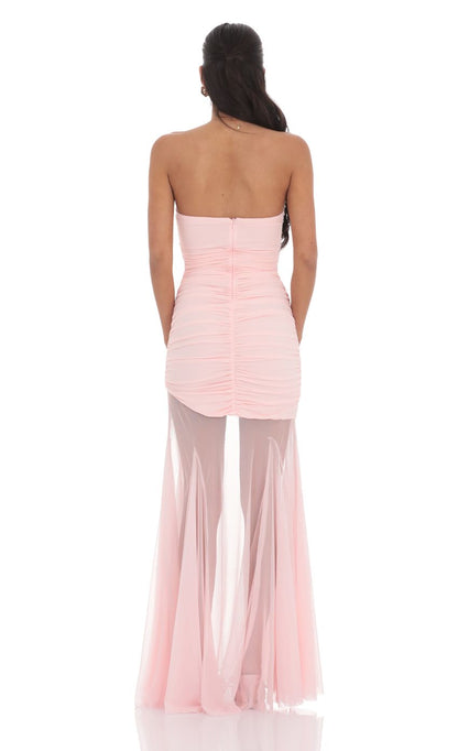 Lucy In The Sky Mesh Fishtail Maxi Dress in Pink