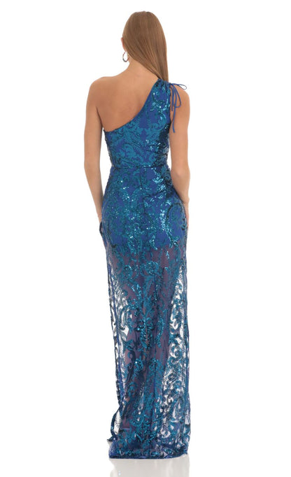 Lucy in the Sky Sequin One Shoulder Maxi Dress in Blue