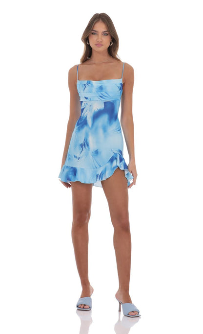 Lucy In The Sky Floral Ruffled Slit Dress in Blue