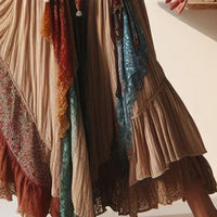 Ursime Boho Patchwork Floral Lace Trim Tiered Maxi Skirt