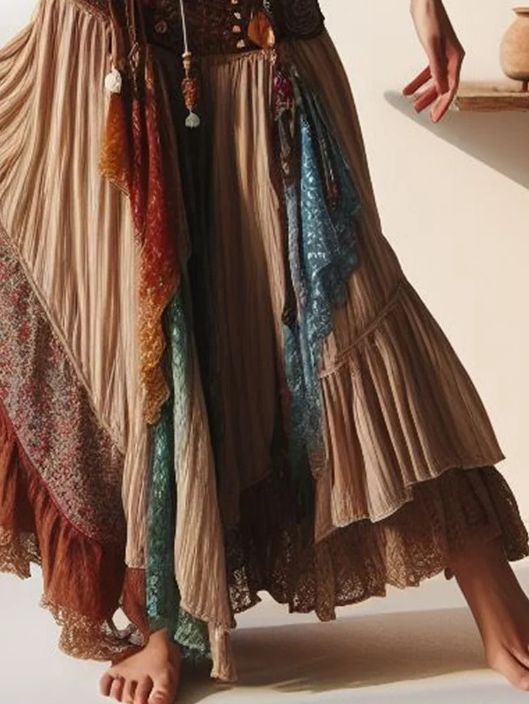 Ursime Boho Patchwork Floral Lace Trim Tiered Maxi Skirt