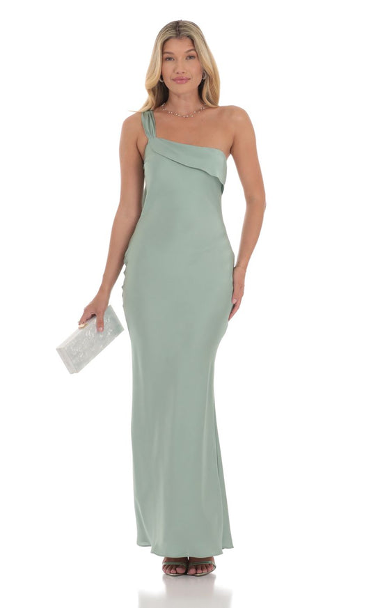Lucy in the Sky Satin One Shoulder Tassel Maxi Dress in Sage