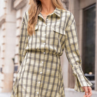 Cupshe Khaki Gingham Collared Front Button Mini Dress