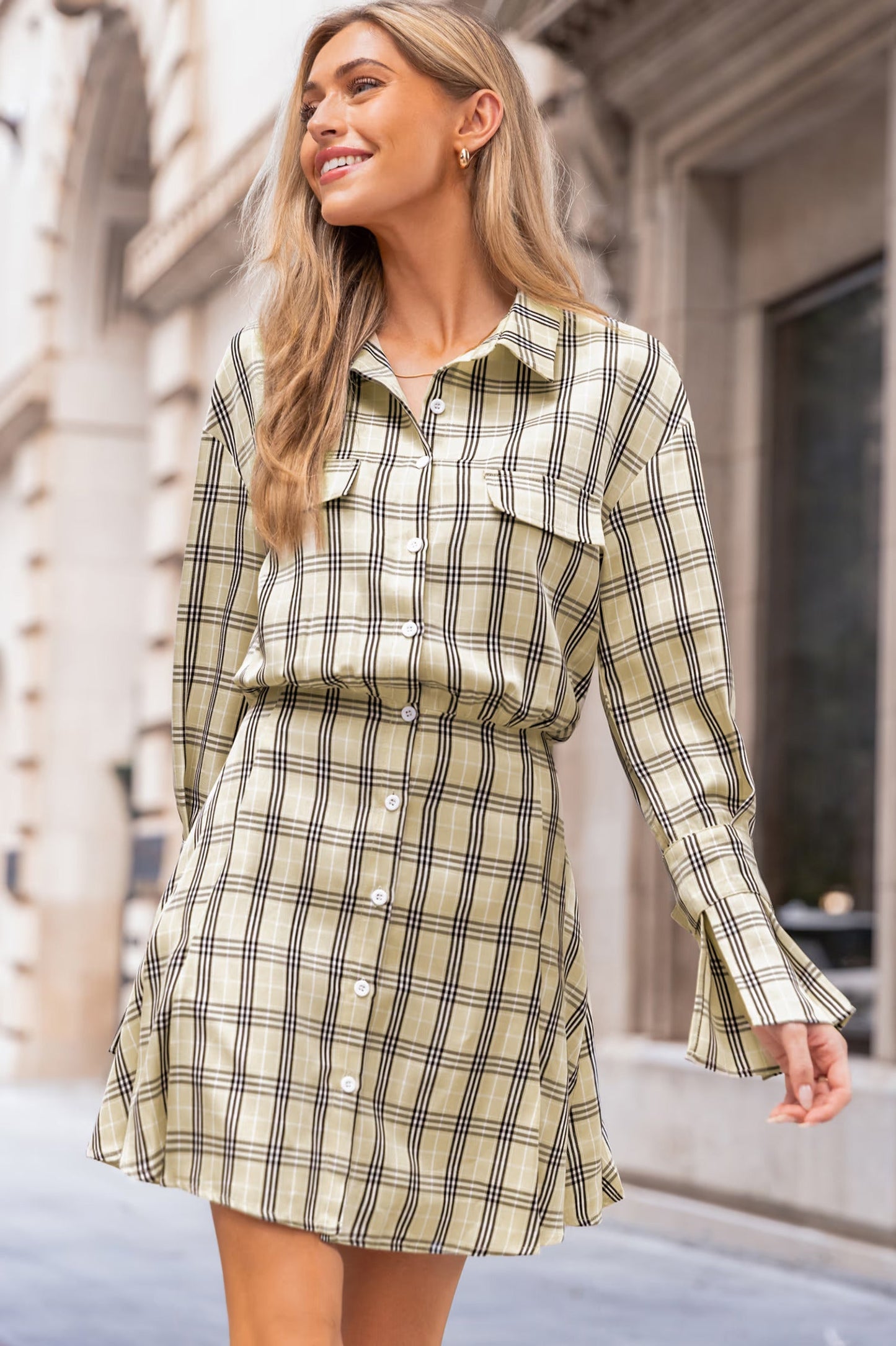 Cupshe Khaki Gingham Collared Front Button Mini Dress