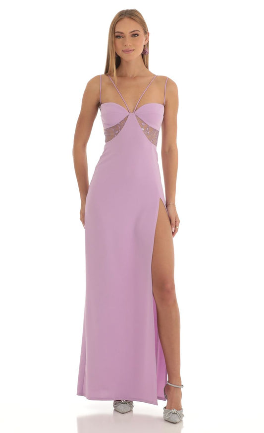 Lucy in the Sky Sequin Cutout Maxi Dress in Purple