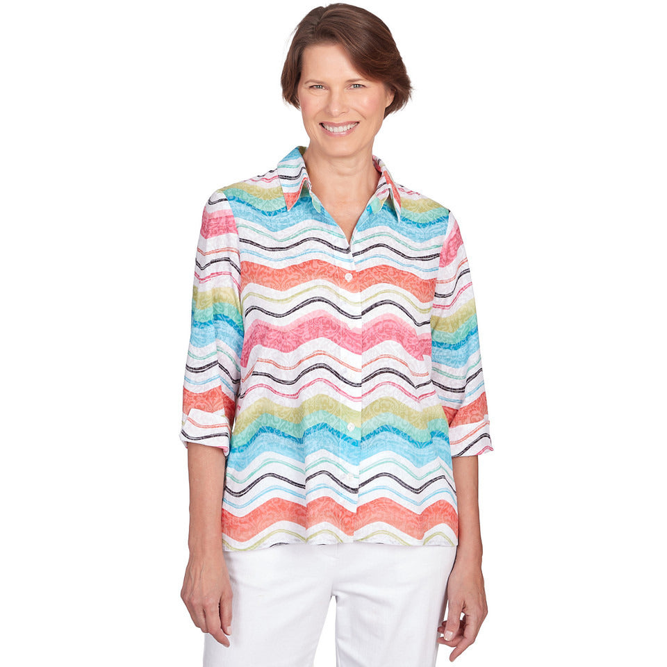 Alfred Dunner Women's Wavy Stripe Button Down Top