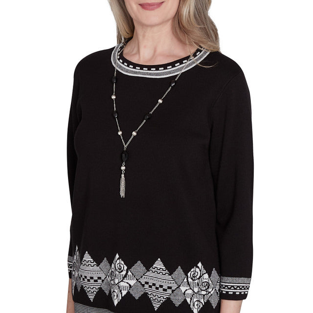 Alfred Dunner Women's Diamond Border Sweater with Necklace