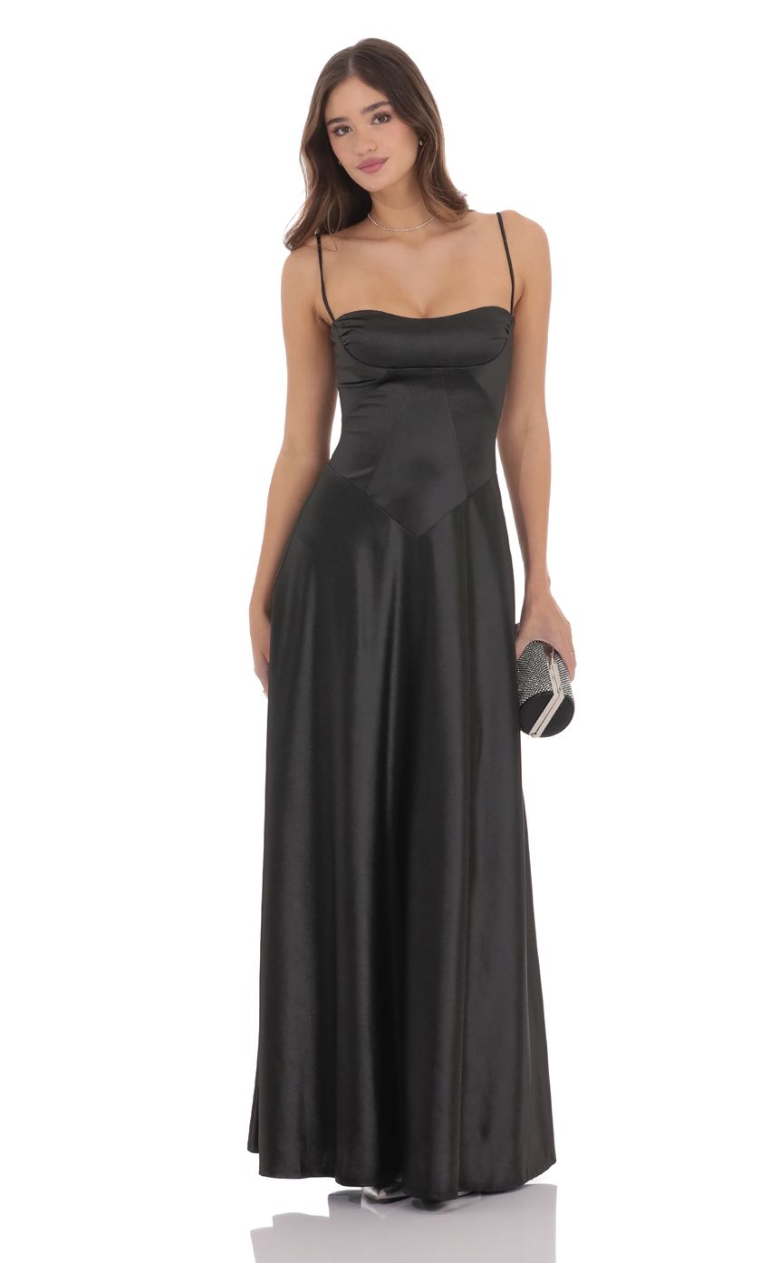 Lucy In The Sky Satin Square Neck Maxi Dress in Black