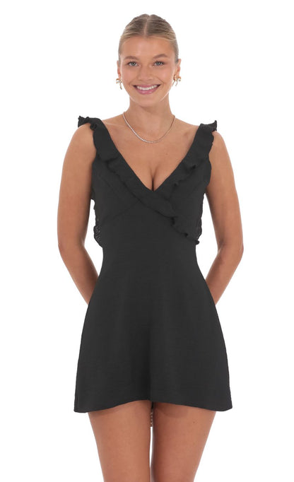 Lucy In The Sky Ruffle V-Neck Dress in Black