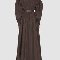 Ursime Elegant Shirt Collar Puff Sleeve Belt Split Maxi Dress