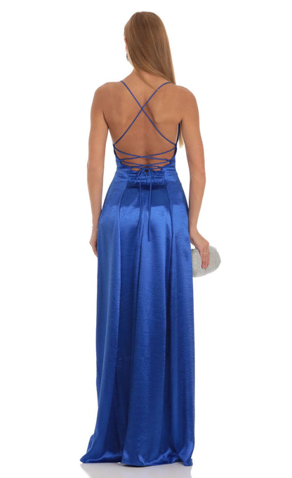Lucy In The Sky Satin Slit Maxi Dress in Blue