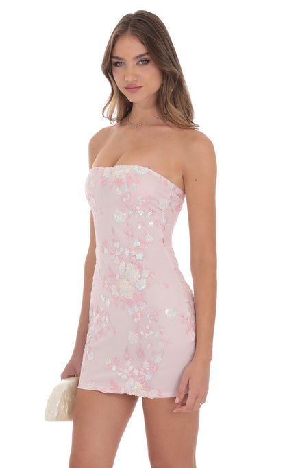 Lucy In The Sky Strapless Floral Sequin Bodycon Dress in Pink