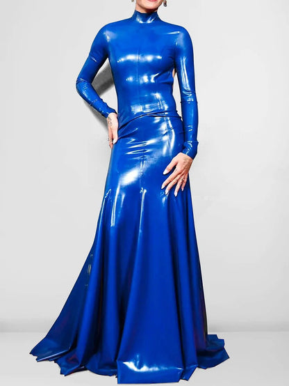 Ursime High Neck PU Leather Long Sleeve Maxi Dress