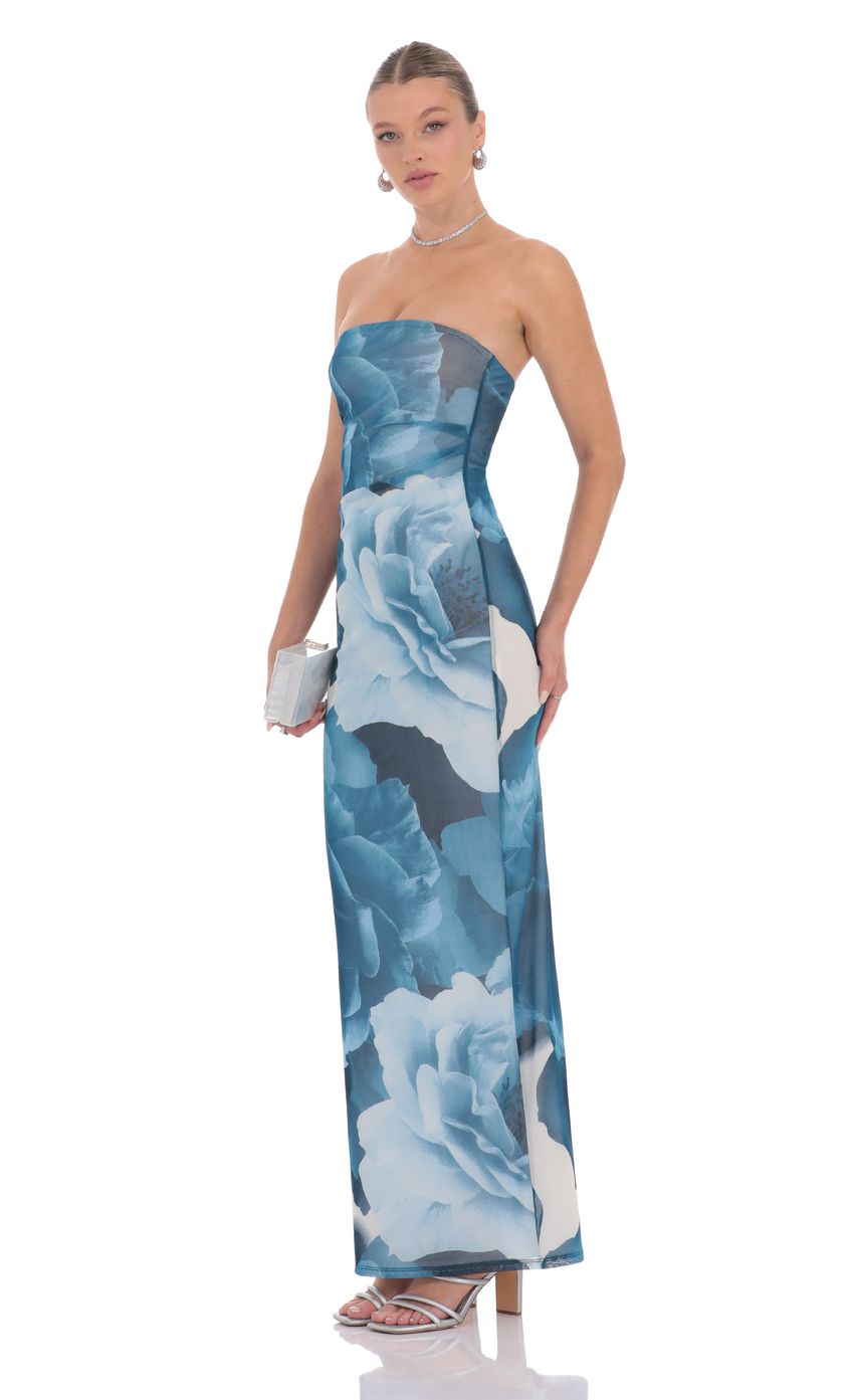 Lucy In The Sky Floral Strapless Maxi Dress in Blue