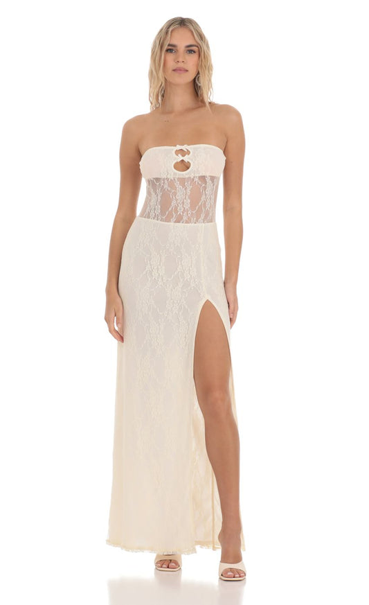 Lucy in the Sky Lace Cutout Strapless Maxi Dress in Cream