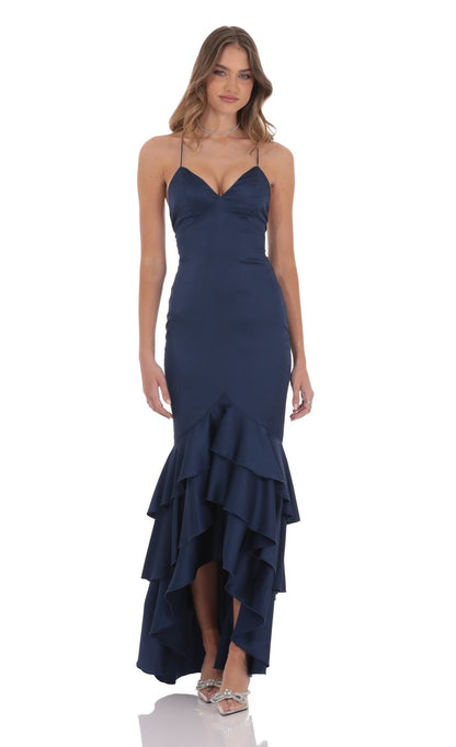 Lucy In The Sky Satin Ruffle Fishtail Maxi Dress in Navy