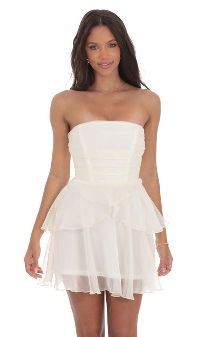 Lucy In The Sky Shimmer Petal Ruffle Strapless Dress in Ivory