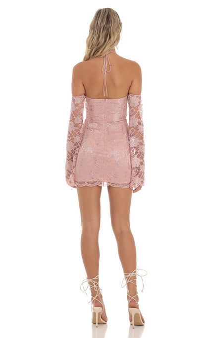 Lucy In The Sky Lace Sequin Off Shoulder Dress in Dusty Rose