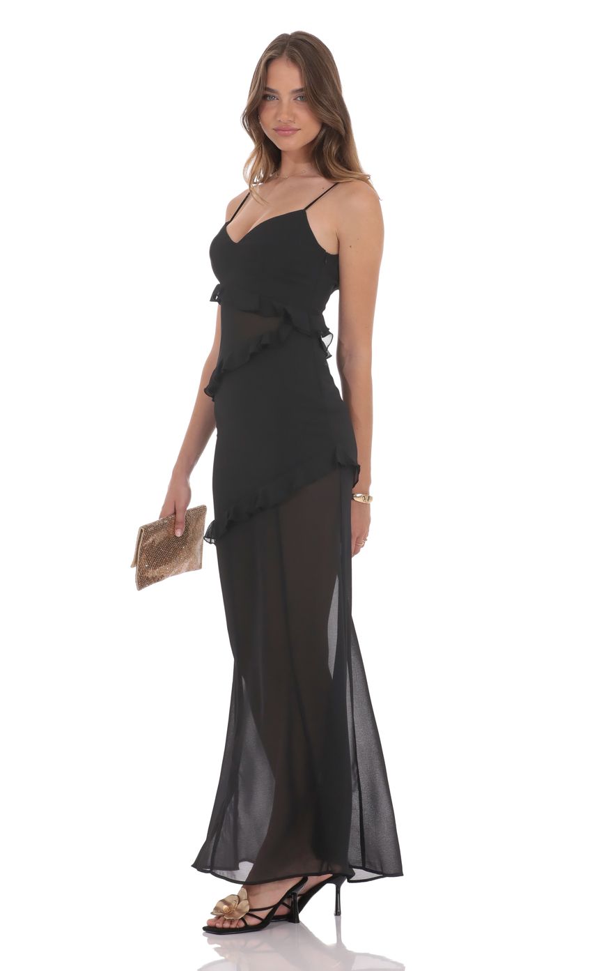 Lucy In The Sky Chiffon Ruffle Cutout Maxi Dress in Black