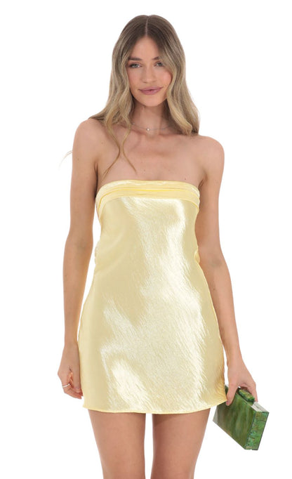 Lucy In The Sky Satin Strapless Slip Dress in Yellow