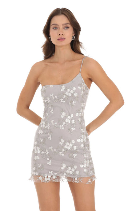Lucy In The Sky One Shoulder Dress in Grey Embroidery