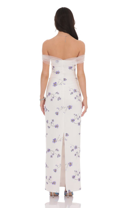 Lucy in the Sky Tulle Off Shoulder Floral Maxi Dress in White