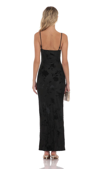 Lucy In The Sky Velvet Floral Cowl Neck Maxi Dress in Black
