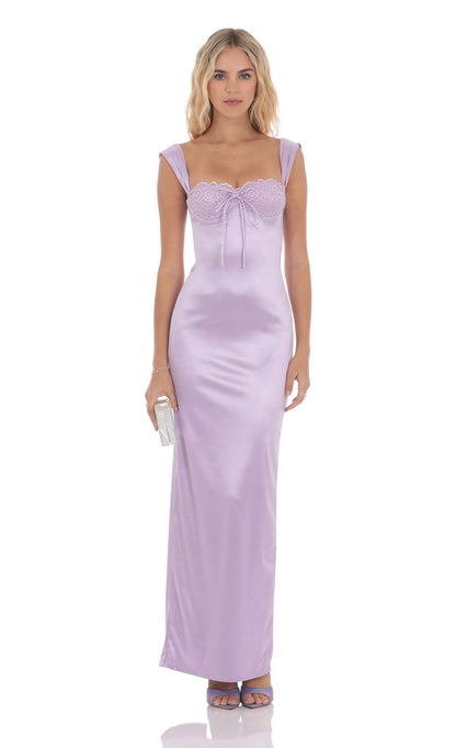 Lucy In The Sky Satin Lace Maxi Dress in Lavender