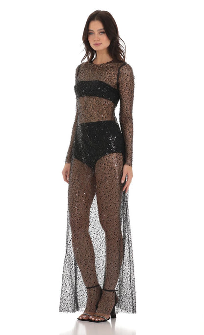 Lucy in the Sky Sequin Mesh Dress in Black