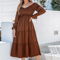 Cupshe Brown Off-Shoulder Smocked Bodice Poet Sleeve Midi Dress