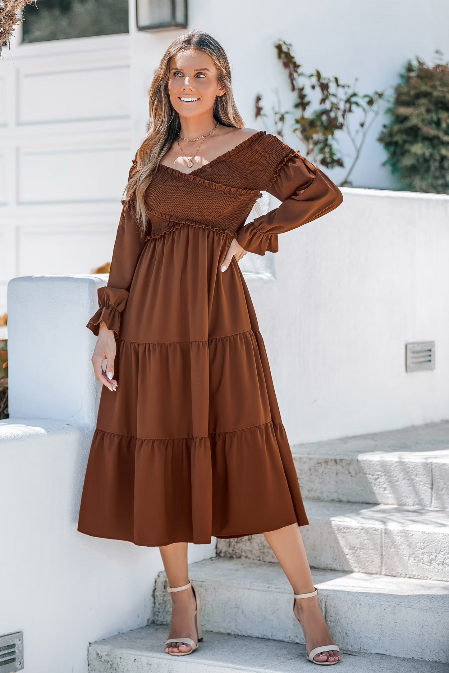 Cupshe Brown Off-Shoulder Smocked Bodice Poet Sleeve Midi Dress