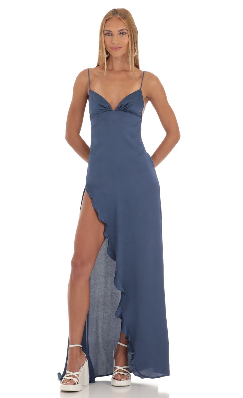 Lucy In The Sky Satin Ruffle Maxi Dress in Blue